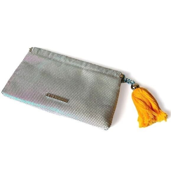 NWT BCBGeneration Silver Chainmail Clutch Metallic Orange Tassel Small Party - Picture 1 of 8